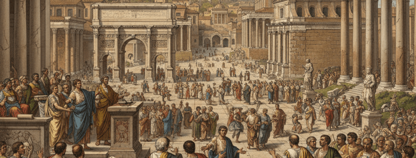 Public assembly of Roman senators and citizens in ancient Roman senate area with classical architecture