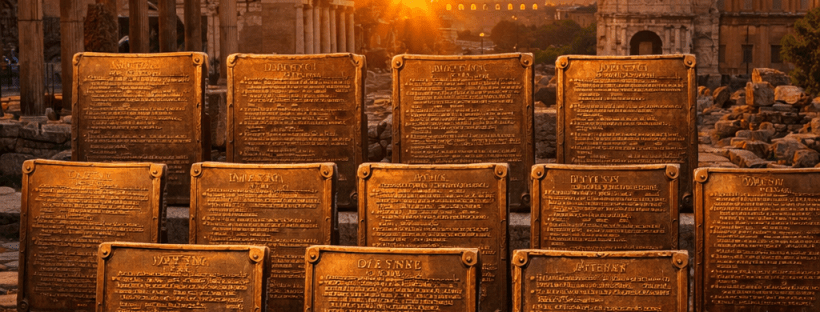 Rows of bronze plaques with inscriptions in front of Roman Forum ruins under a colorful sunset sky