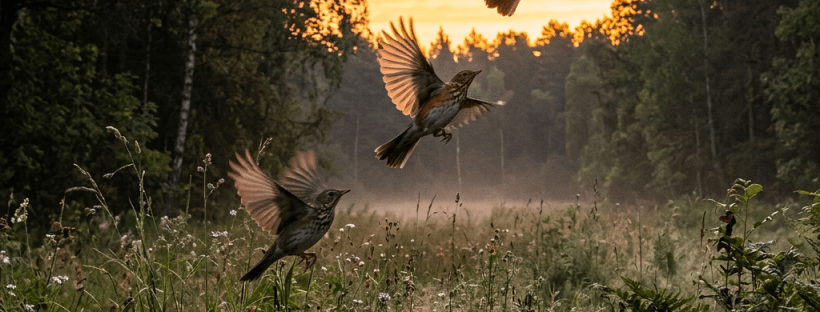 Three birds in various stages of flight above a grassy meadow with forest in background at sunrise