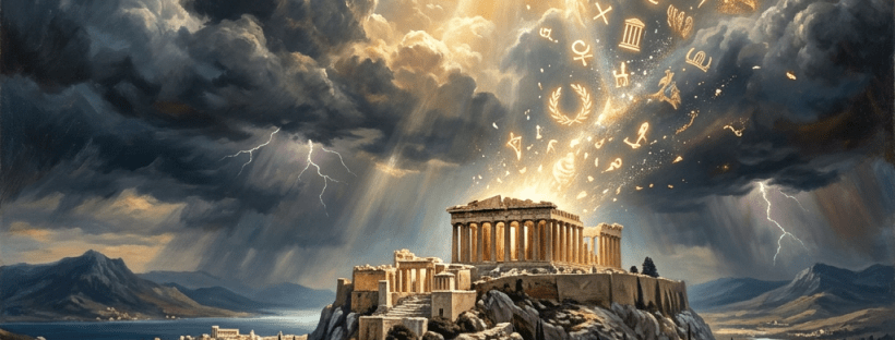Ancient Greek Acropolis temple on a rocky hill with glowing light beams and floating ancient symbols in a dramatic sky