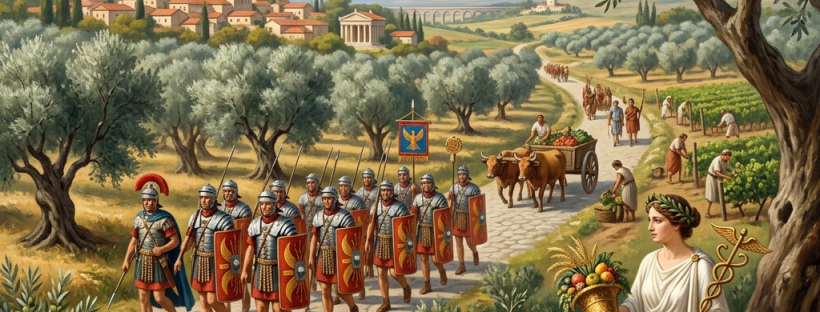 Roman legion marching along a countryside road with farmers working and a woman holding a cornucopia