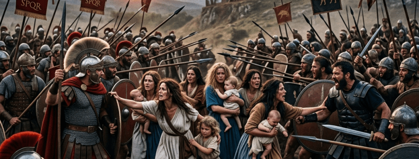 Roman soldiers with spears and shields confronting women and children near a fortress at dawn